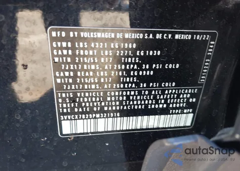 2023 Volkswagen Taos 1.5T S z USA, uszkodzony, nr VIN 3VVCX7B29PM321916